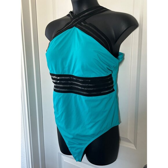 Crisscross Halter Teal One-Piece Swimsuit With Black Stripes & Back Clasp Closur - Picture 3 of 12